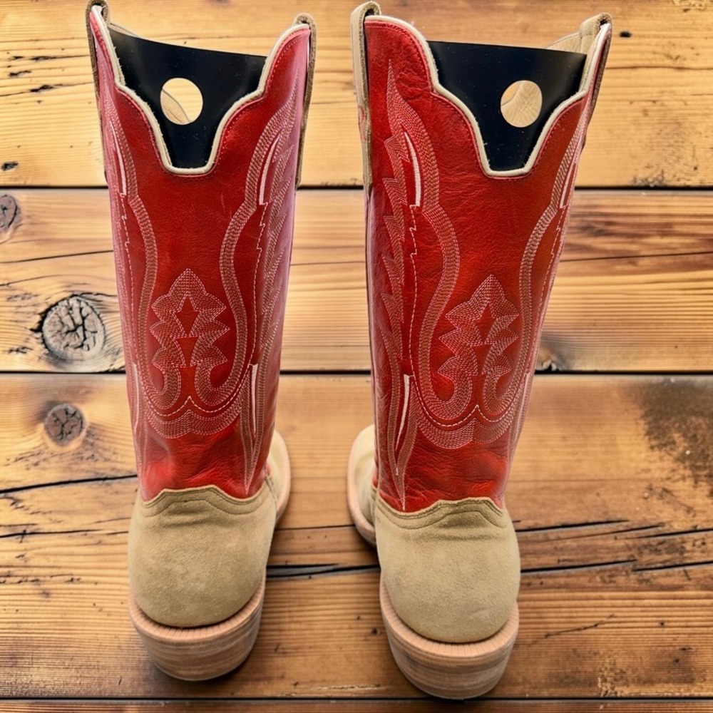 R. Watson Mens 12 EE Handcrafted Tan Suede Red Leather Cowboy Boots 8207 2 - Picture 3 of 15